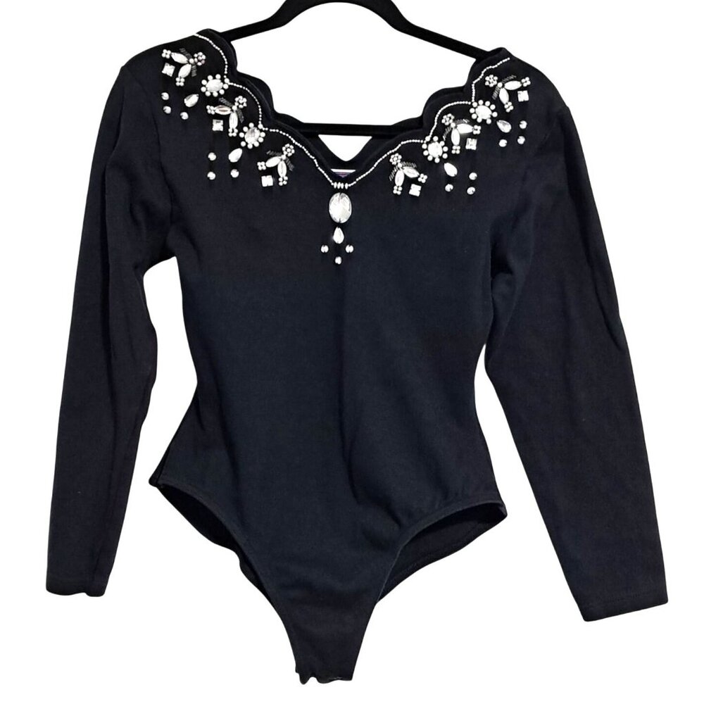 Y2K Bejeweled Bodysuit Womens M Black Long Sleeve Scalloped‎ Neck & Snap Closure